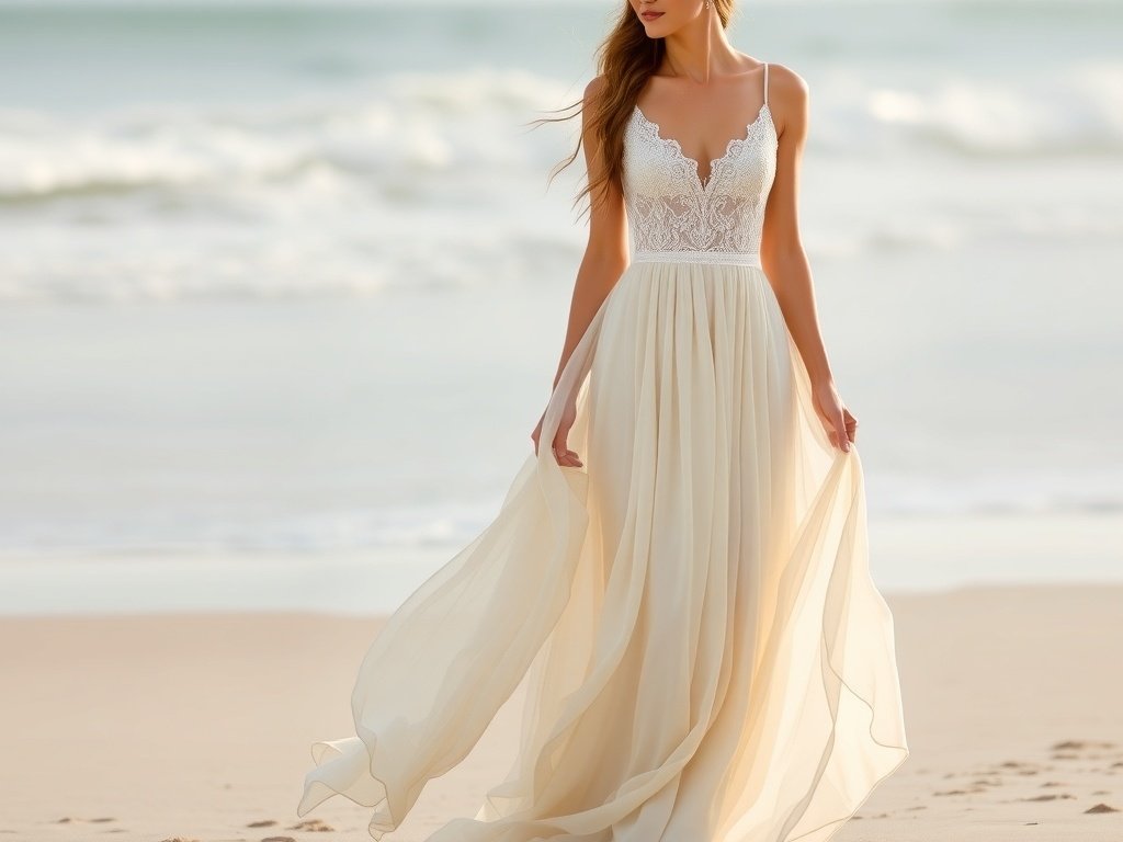 Boho chiffon wedding dress with lace bodice on a mannequin at the beach
