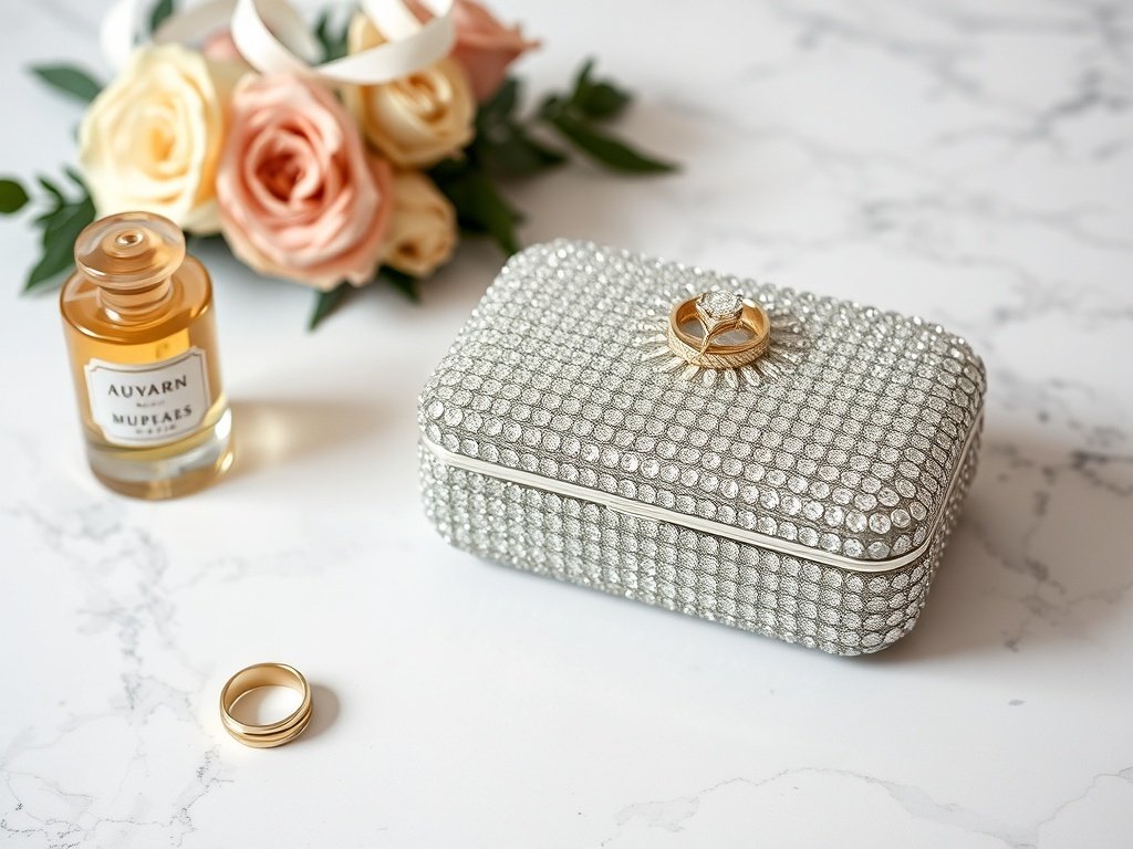 Crystal-covered box clutch with wedding rings and a perfume bottle, styled with roses.