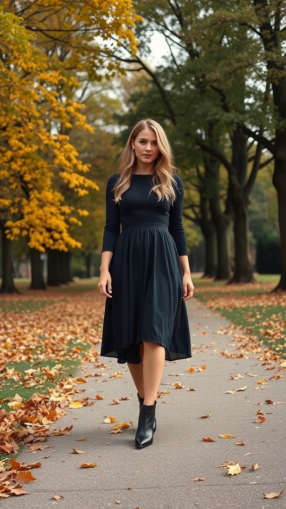 A woman in a brown midi dress and black ankle boots standing on a path covered with autumn leaves, surrounded by trees with orange foliage.