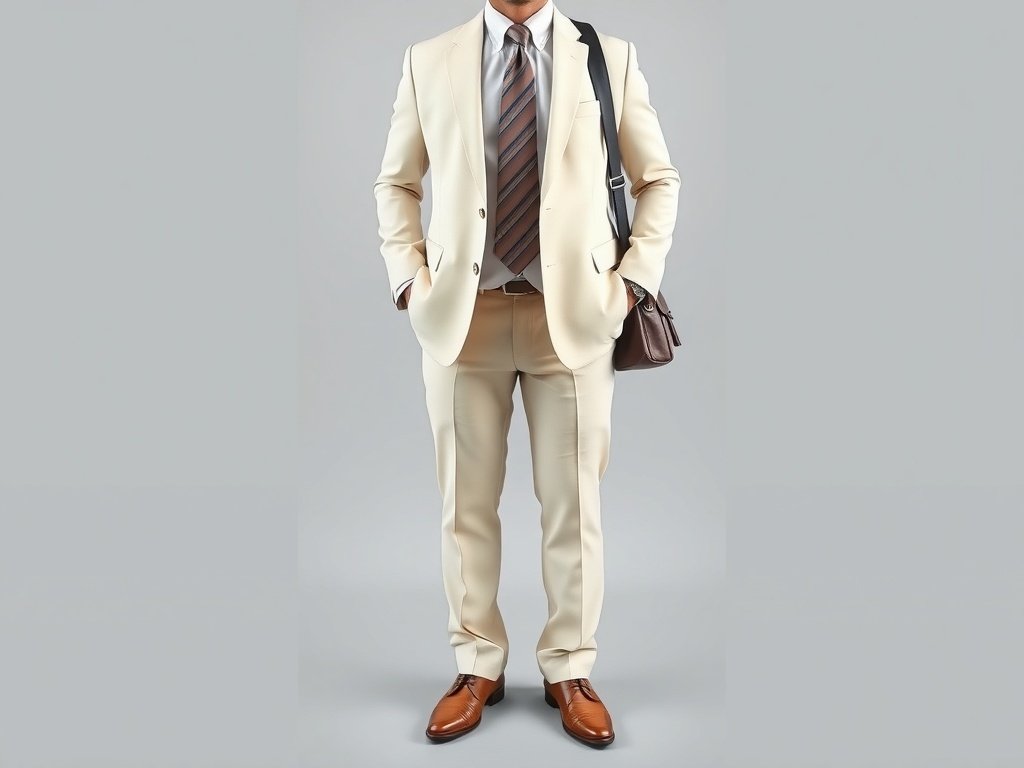 A businessman wearing a refined ivory suit with taupe highlights, accessorized with sunglasses, a briefcase, and a computer bag.