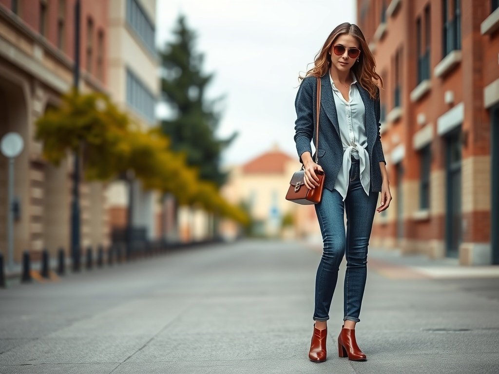 A woman wearing a layered cardigan with slim-fit jeans, stylish shoes, and a handbag, walking in an urban setting.