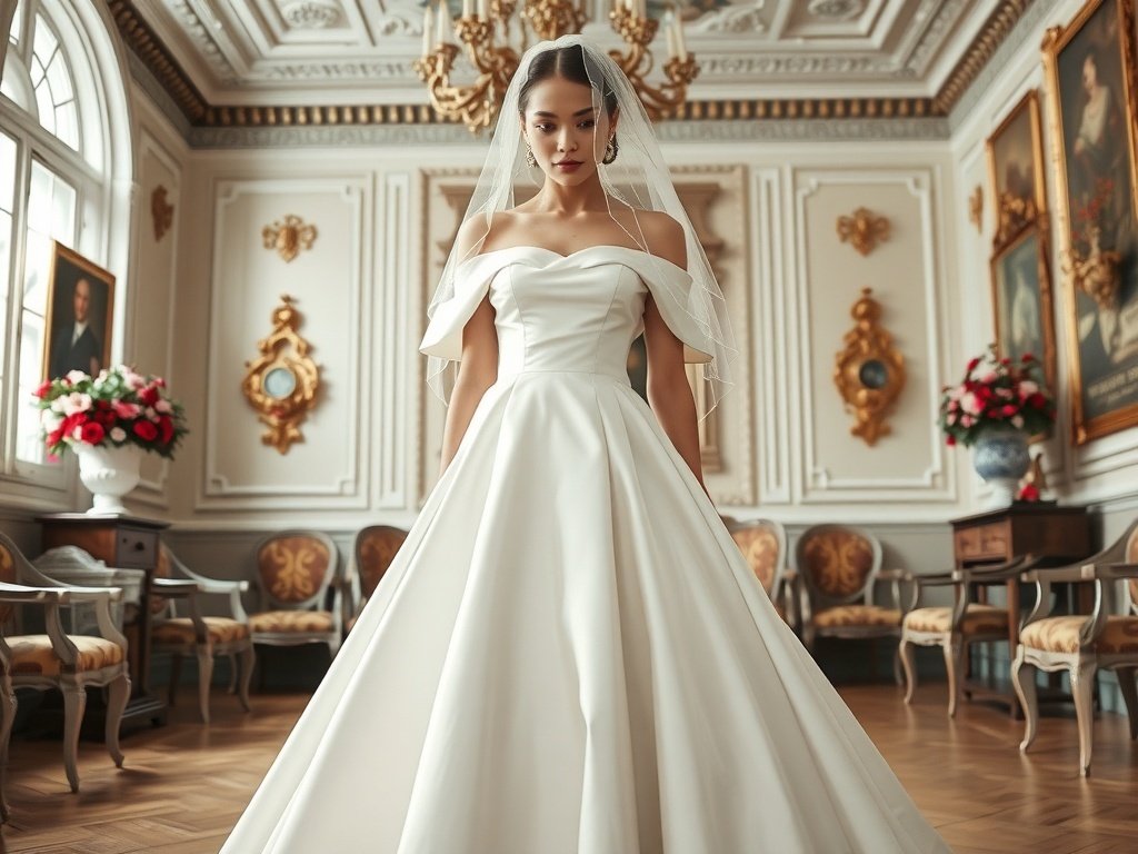 A model in a satin ball gown with off-the-shoulder sleeves, styled hair, and statement jewelry, set in a vintage hall.