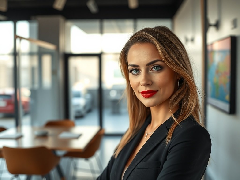 A professional woman with polished skin and a bold red lip, exuding confidence in an office setting.