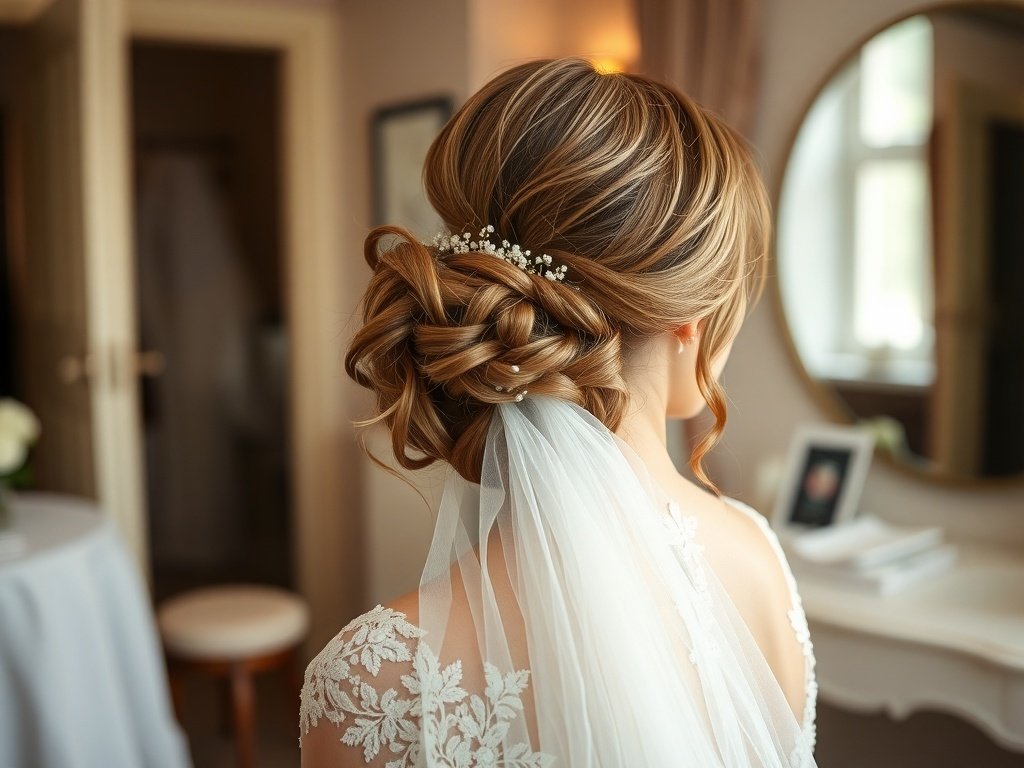 A bride with a romantic low bun hairstyle adorned with loose tendrils and a delicate veil, set in a softly lit bridal prep room.