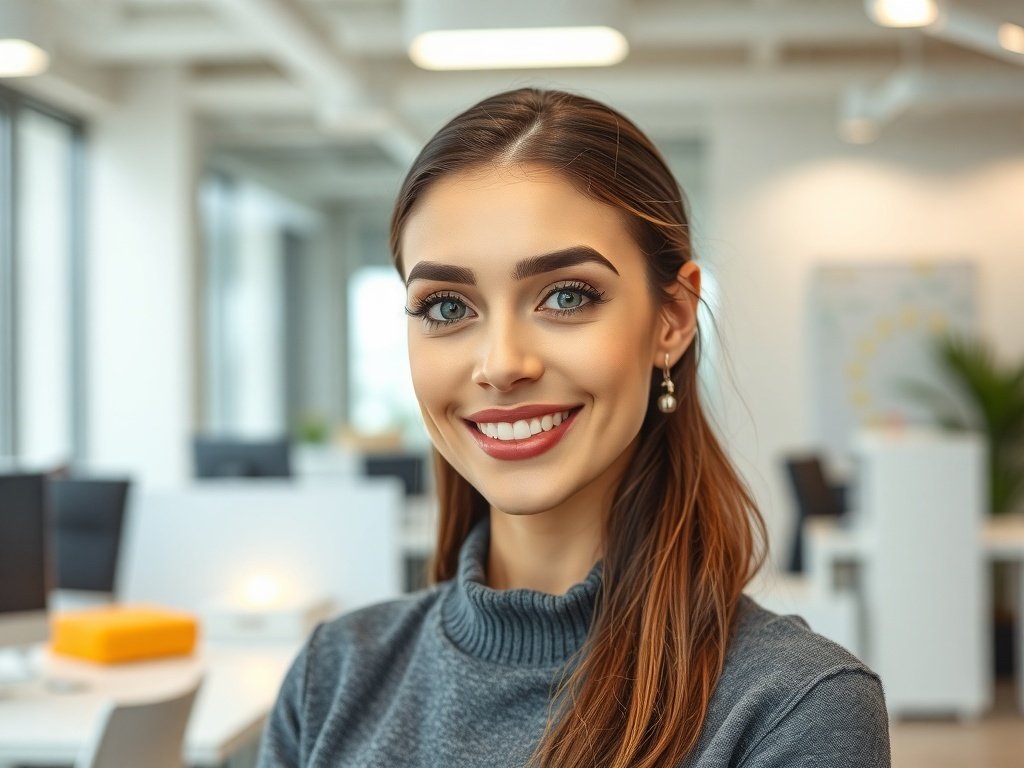 A woman with defined brows and natural lips, smiling in a modern office setting.