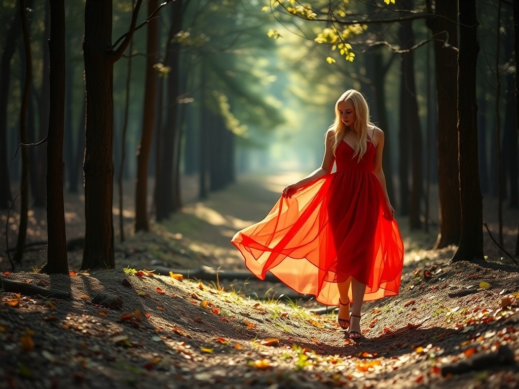 A model in a flowing red dress walking through a forest with whimsical elements.