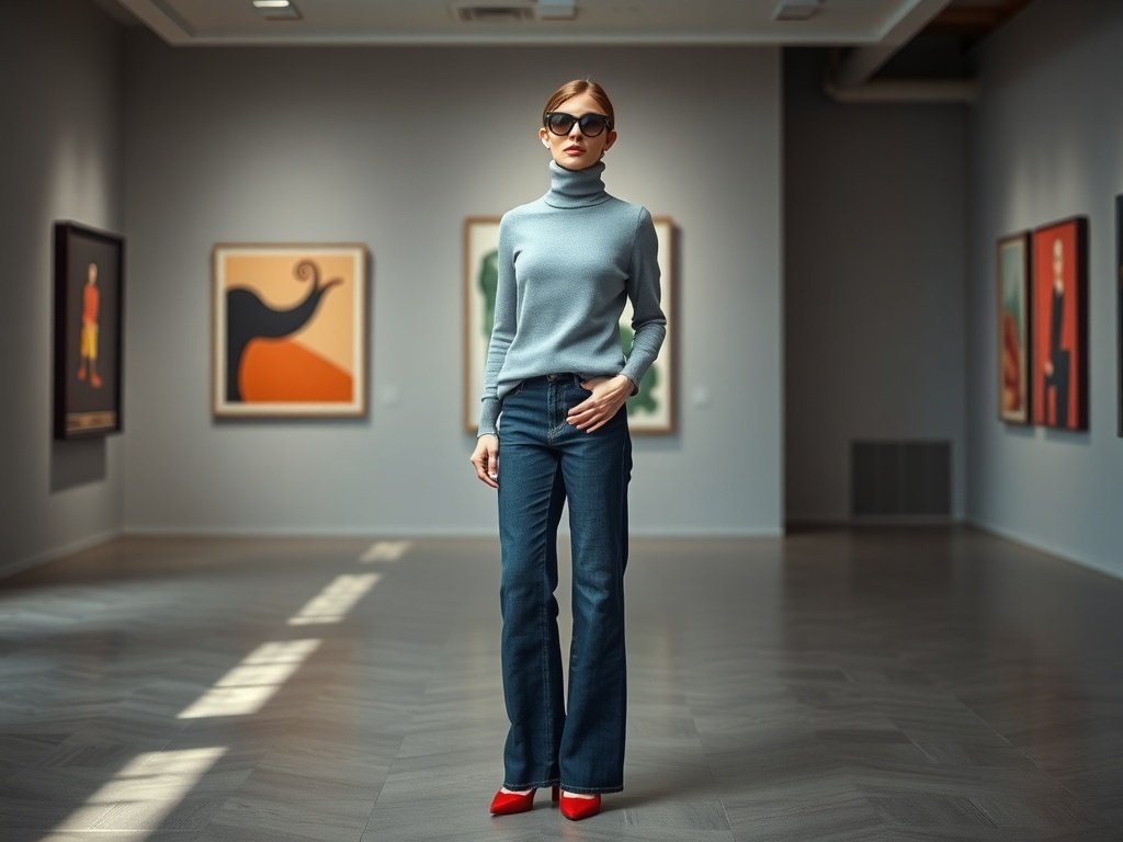 A woman in a turtleneck sweater and wide leg jeans, wearing sunglasses and red shoes, standing in an art gallery.