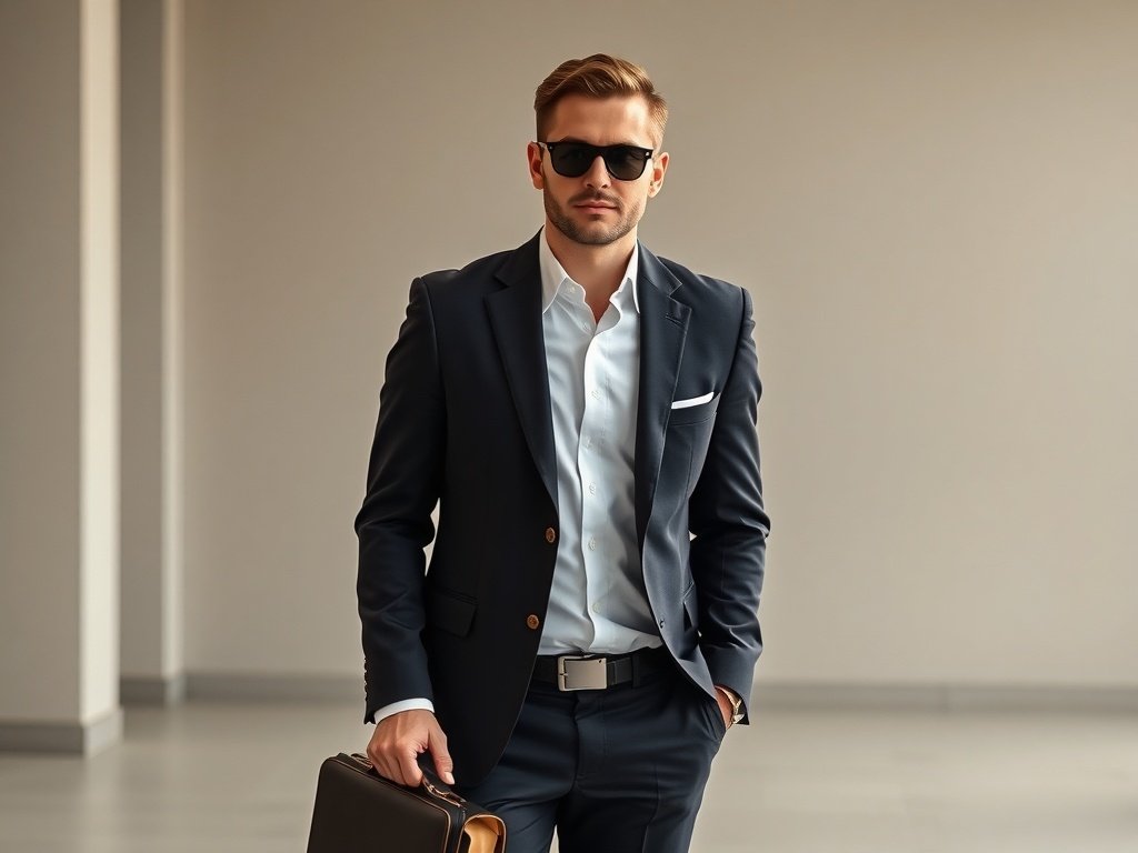 A professional man in a black suit with a white shirt and tie, holding a briefcase and wearing sunglasses.