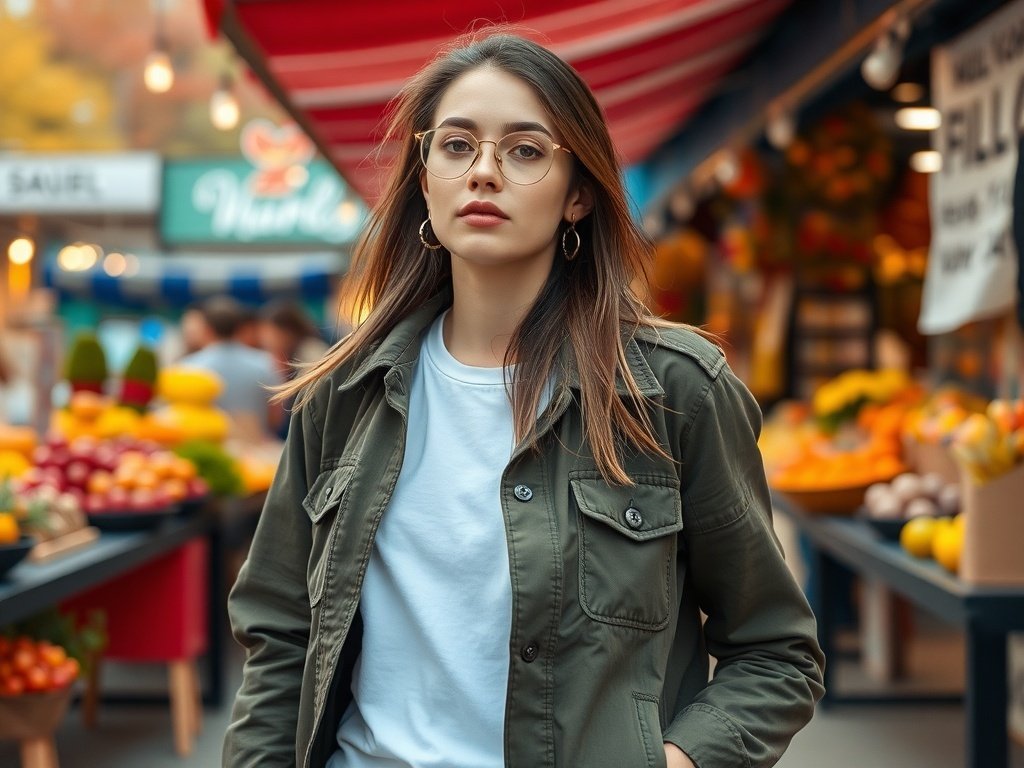 A fashion model wearing a utility jacket and graphic tee, standing in a market filled with colorful fruits.