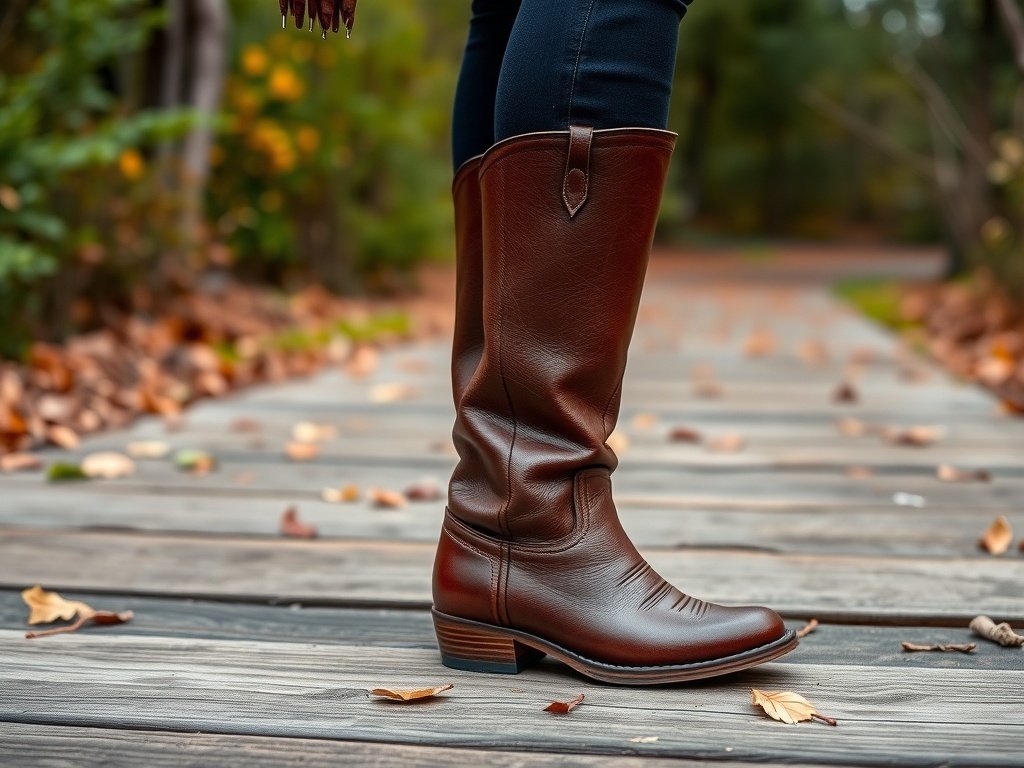 A stylish chocolate brown riding boot worn by a woman, standing on a wooden path surrounded by autumn leaves.