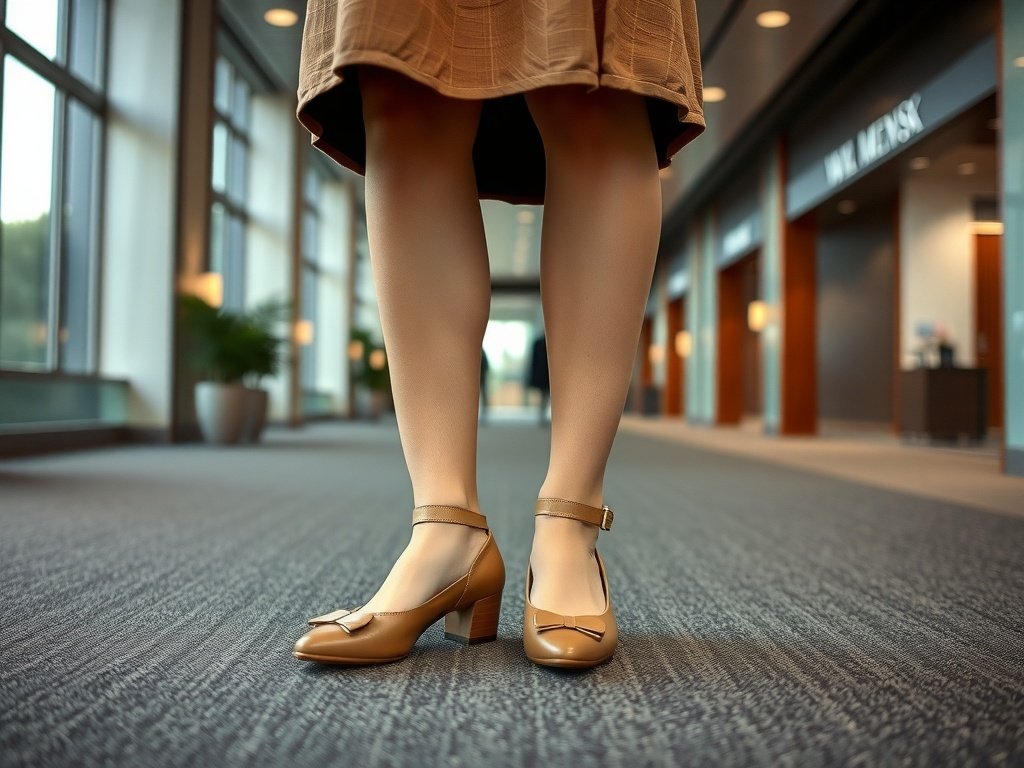 A pair of modern Mary Janes with a block heel and ankle strap, worn in an office setting.