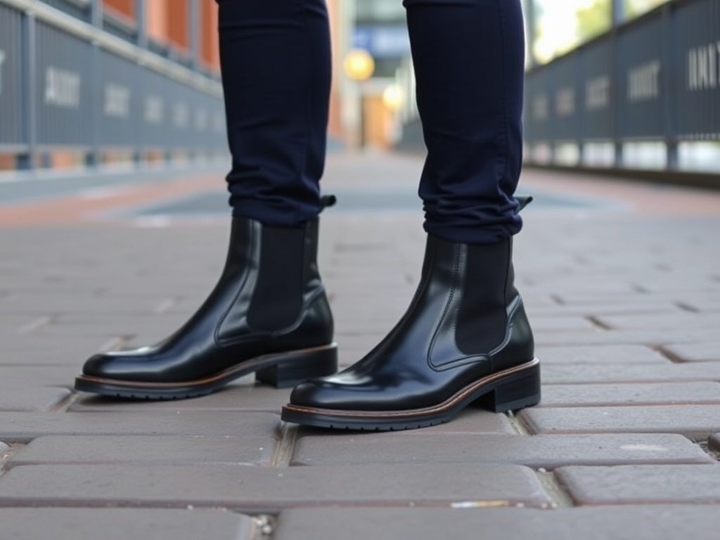 A pair of polished black Chelsea boots worn with navy trousers, set against an urban walkway.