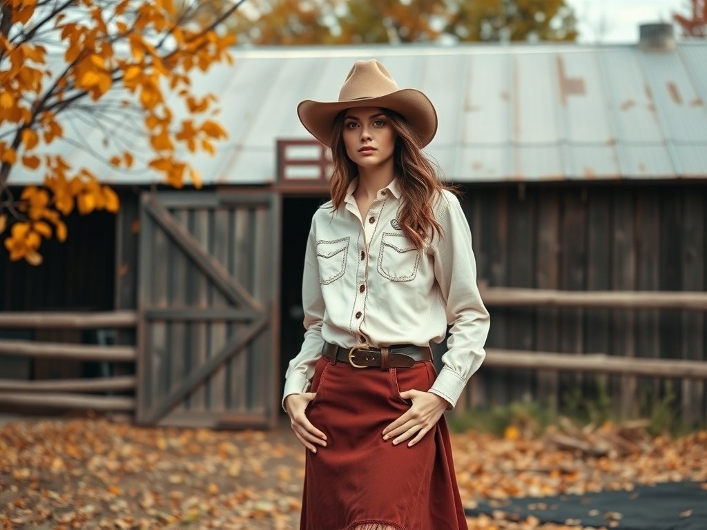 A fashion model wearing a vintage inspired western shirt and skirt in a fall background.