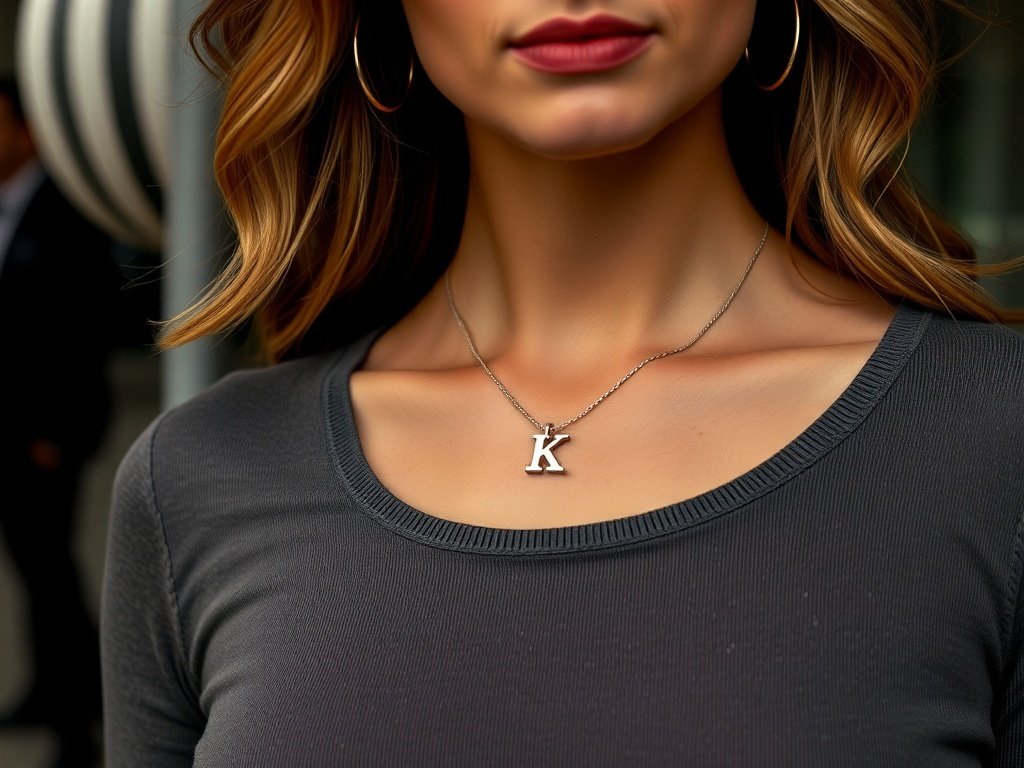 Close-up of a model wearing a silver initial necklace featuring the letter 'K'.