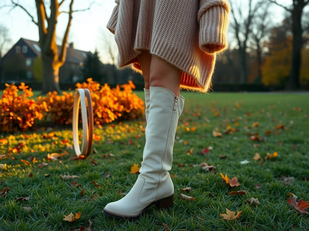Ivory suede knee boots worn with a cozy oversized sweater in an autumn setting