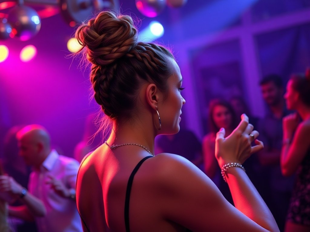 A woman with a braided high bun dancing at a party, surrounded by colorful lights and people.