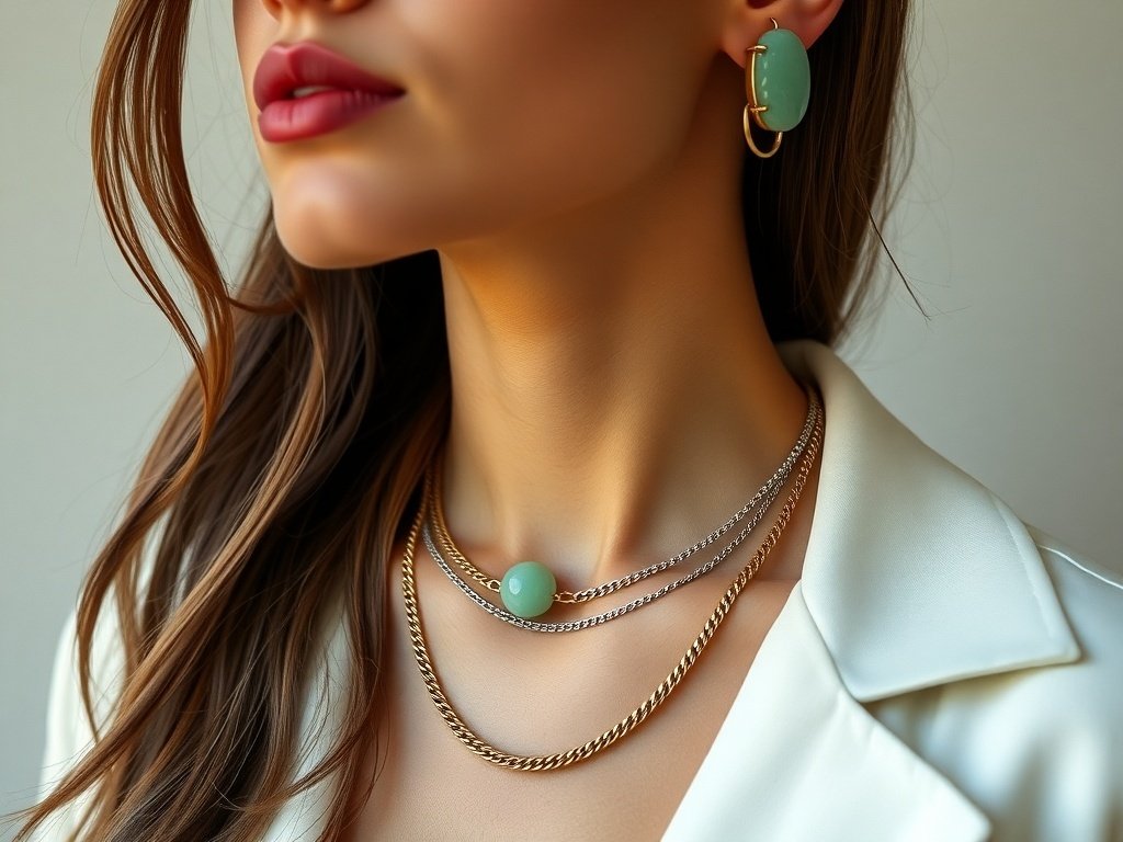 Layered fine chain jade necklace with matching ear cuffs