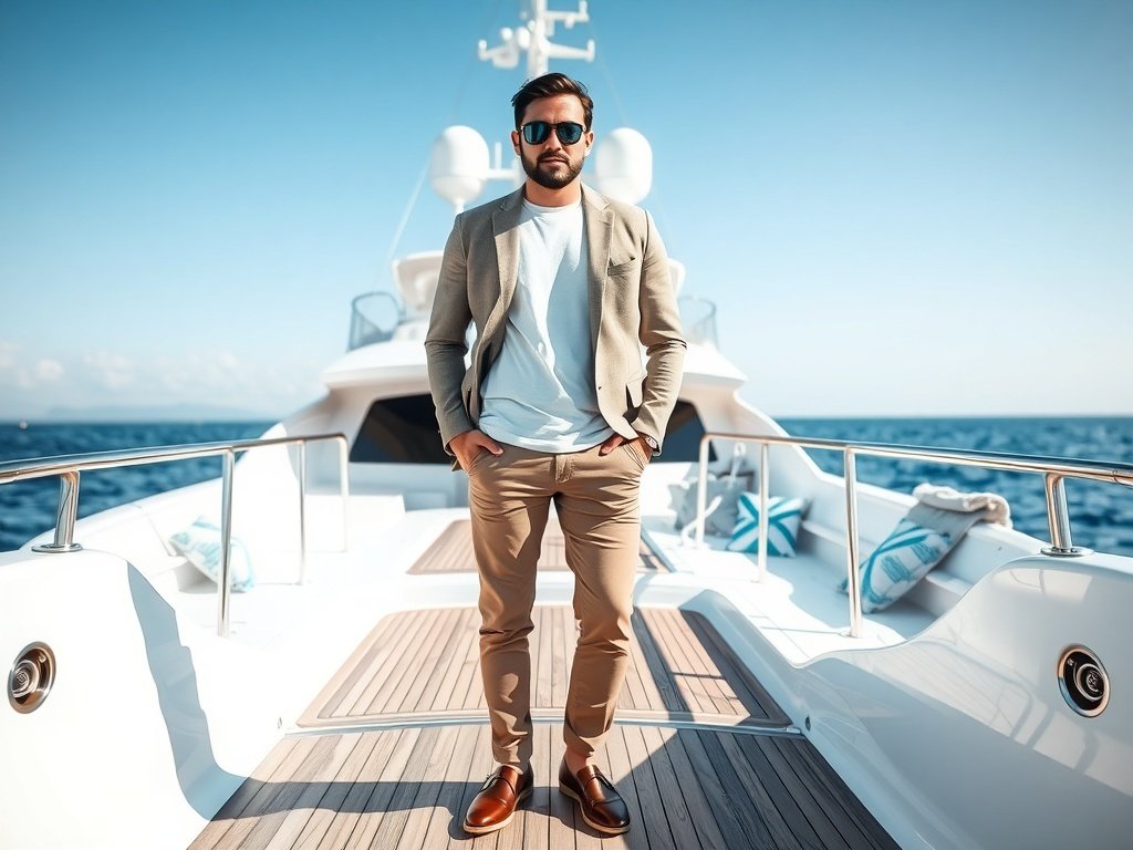 A stylish man wearing a casual blazer, standing on a yacht with a scenic ocean view.