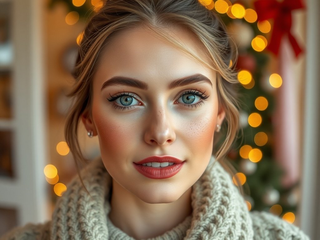 A woman with luminous skin and faux freckles, wearing soft glam makeup, smiling in front of a festive background.