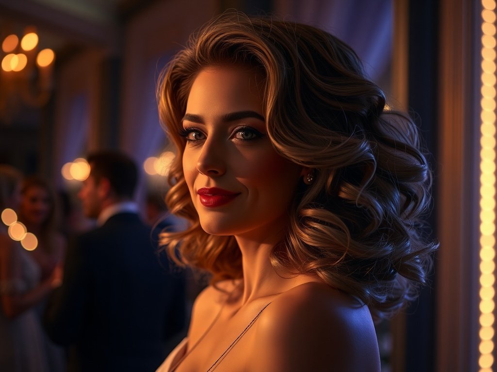 A woman with voluminous loose curls styled with a side part, showcasing a glamorous party look.