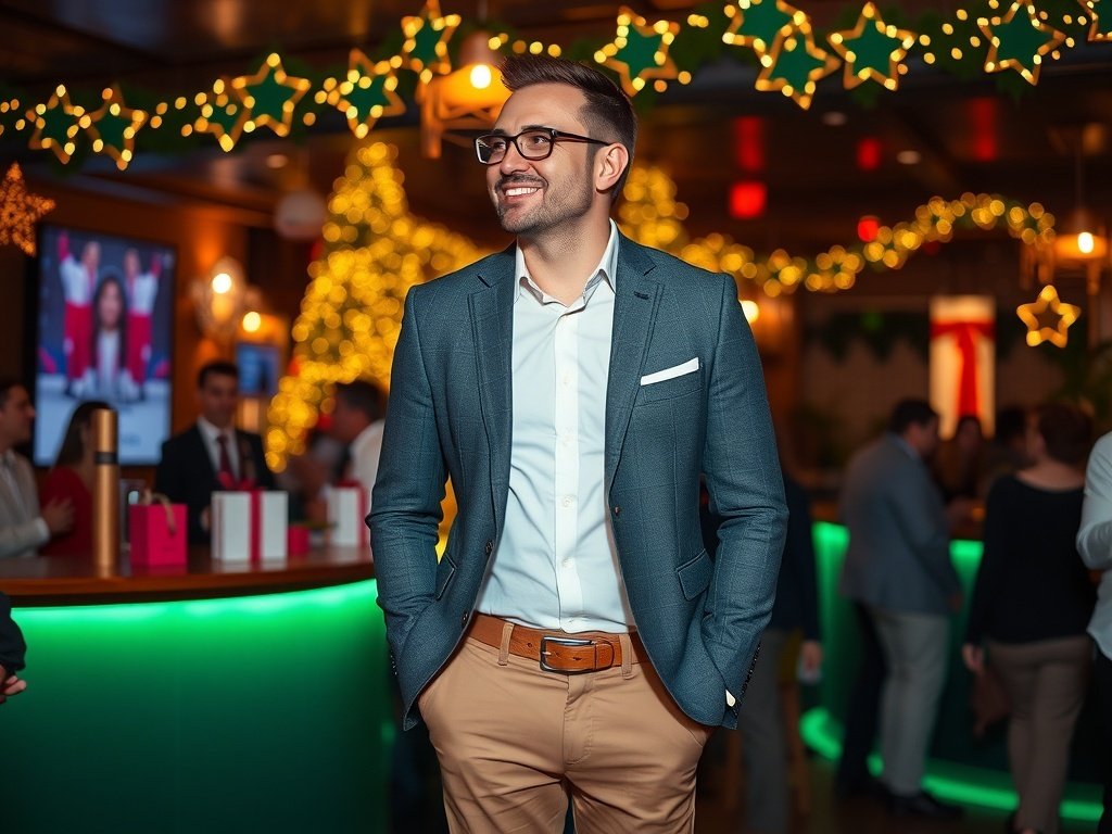 A man in a smart casual outfit with a blazer and chinos, smiling at a holiday gathering.