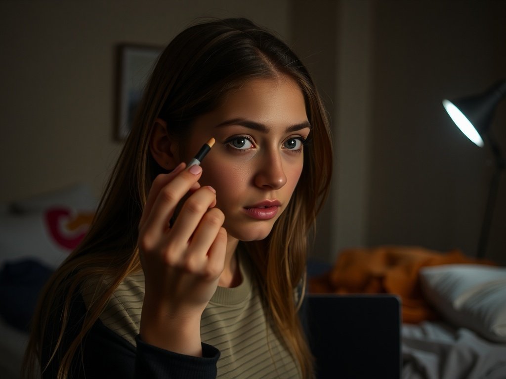 A young woman applying under-eye concealer in a cozy room setting.