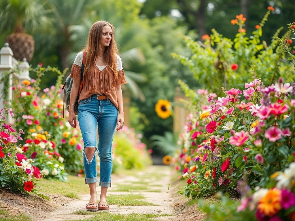 A young woman wearing a fringe top and low rise jeans walking through a colorful floral garden.