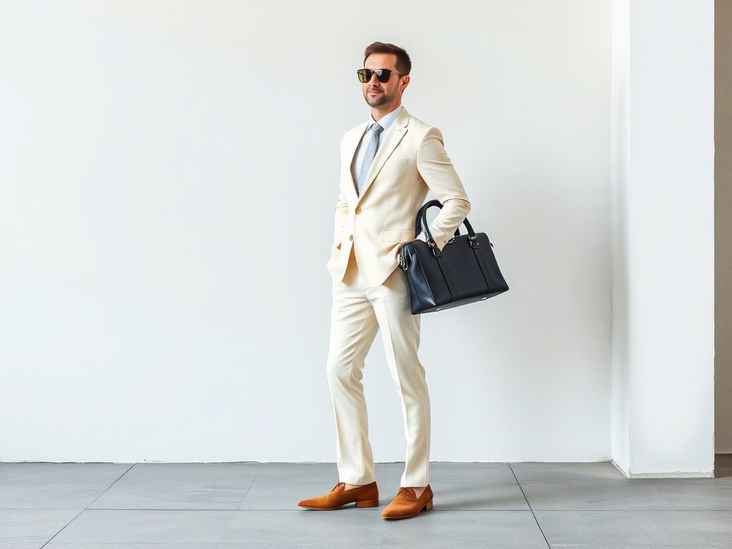A businessman wearing a chic ivory suit with taupe shoes, holding a briefcase and wearing sunglasses.