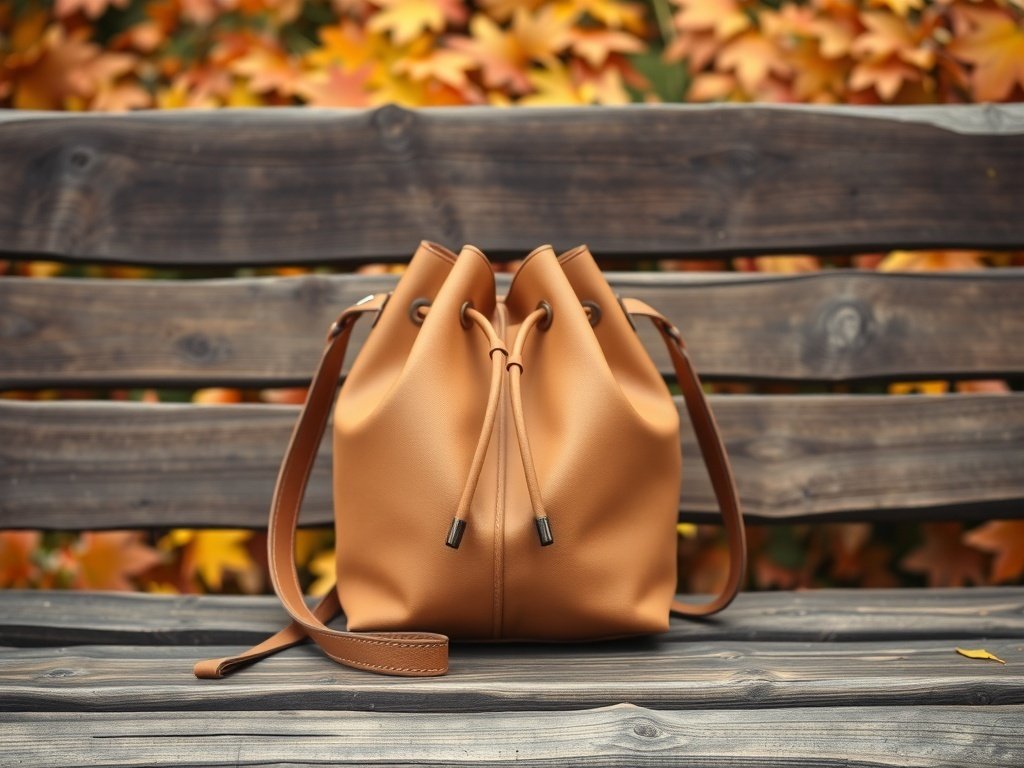 A trendy bucket bag in earthy tones sitting on a wooden bench with autumn leaves in the background.