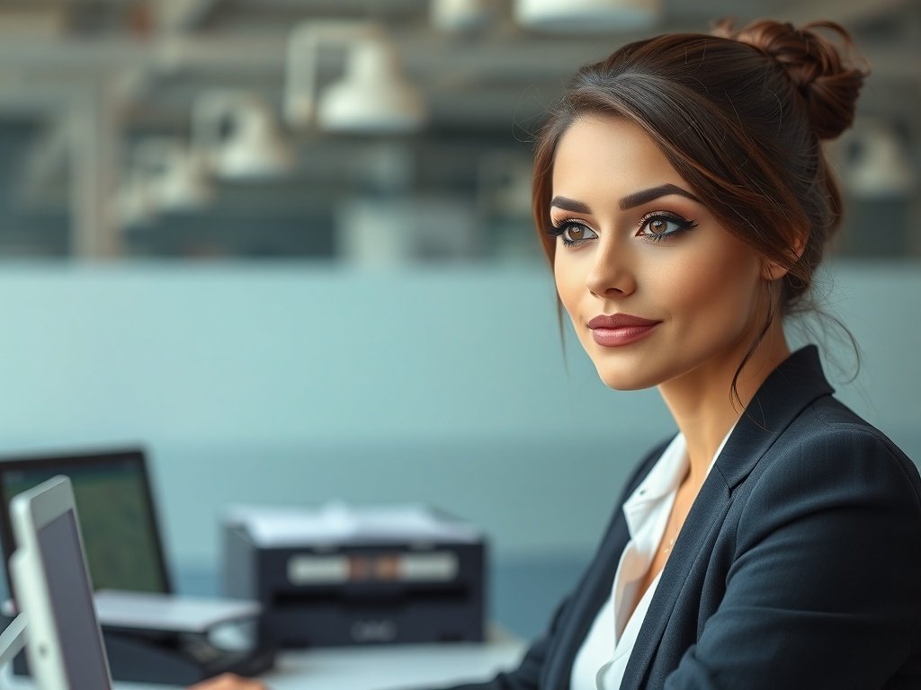A professional woman with classic winged liner and nude gloss, showcasing a polished office makeup look.