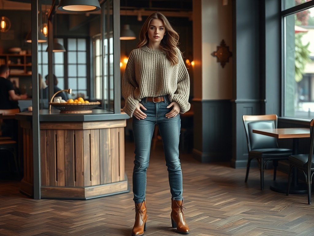 Fashion model wearing paperbag waist jeans and a casual sweater, standing in a cozy cafe setting.