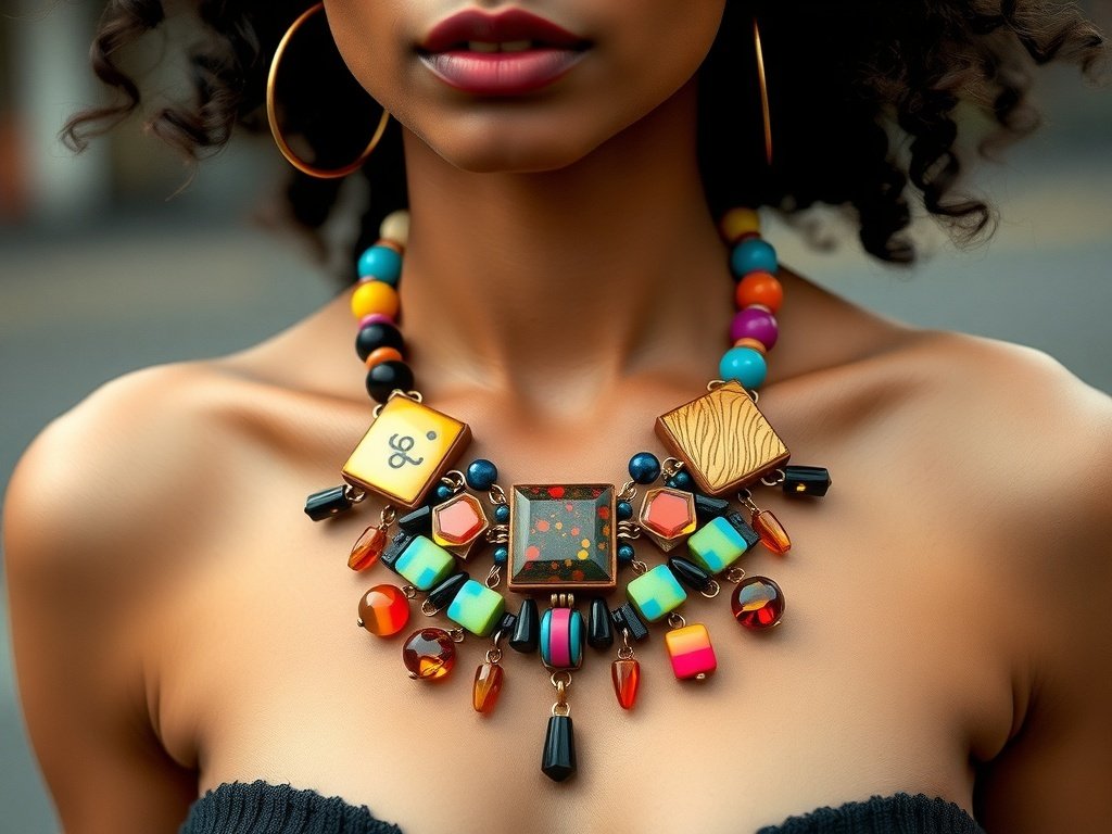 Chunky resin statement necklace with colorful beads and geometric shapes, worn by a model with curly hair.