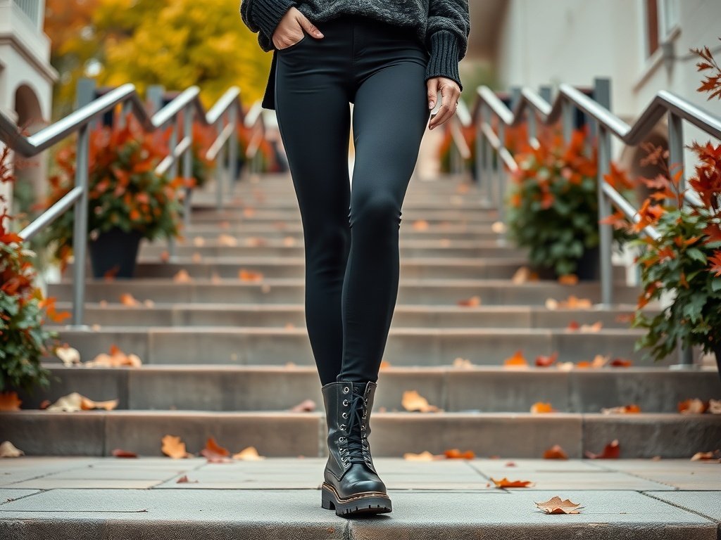 A model wearing black leggings and combat boots, standing on stairs surrounded by autumn leaves.