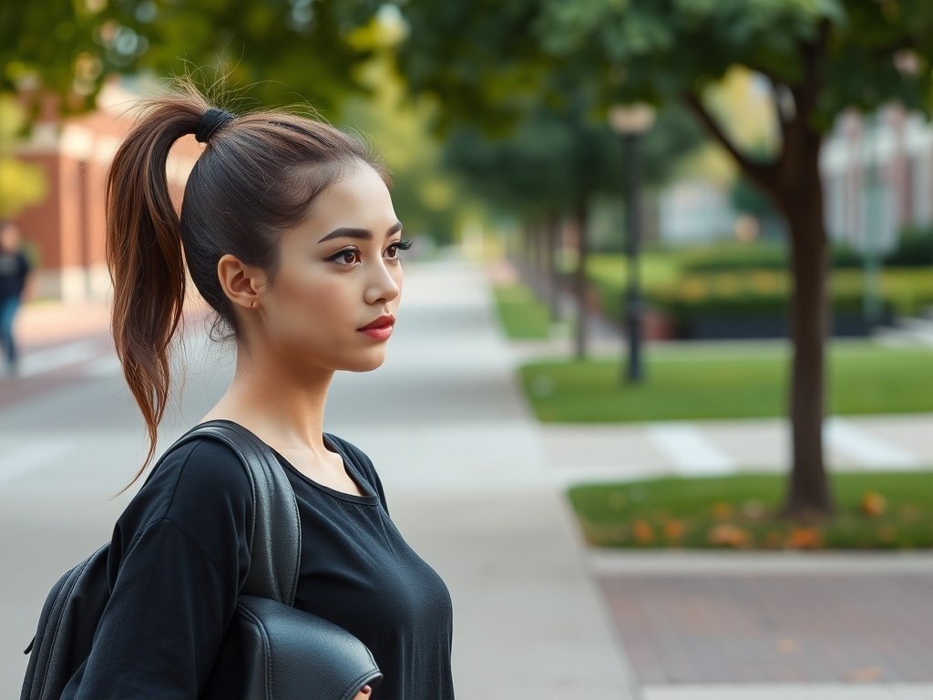 A young woman with a sleek ponytail and winged eyeliner, standing outdoors on a college campus.