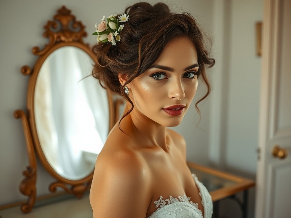 Bride with natural curls adorned with floral accents, showcasing a romantic bridal hairstyle.