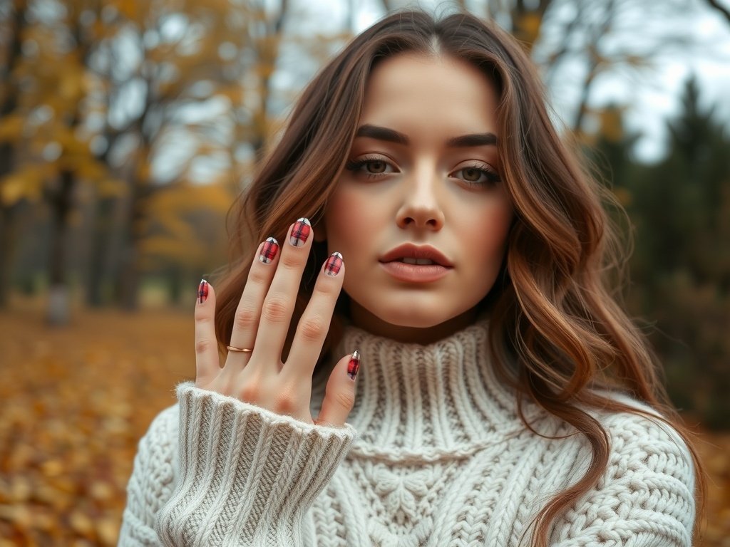 A model showcasing cozy plaid patterns on her nails in an autumn setting.