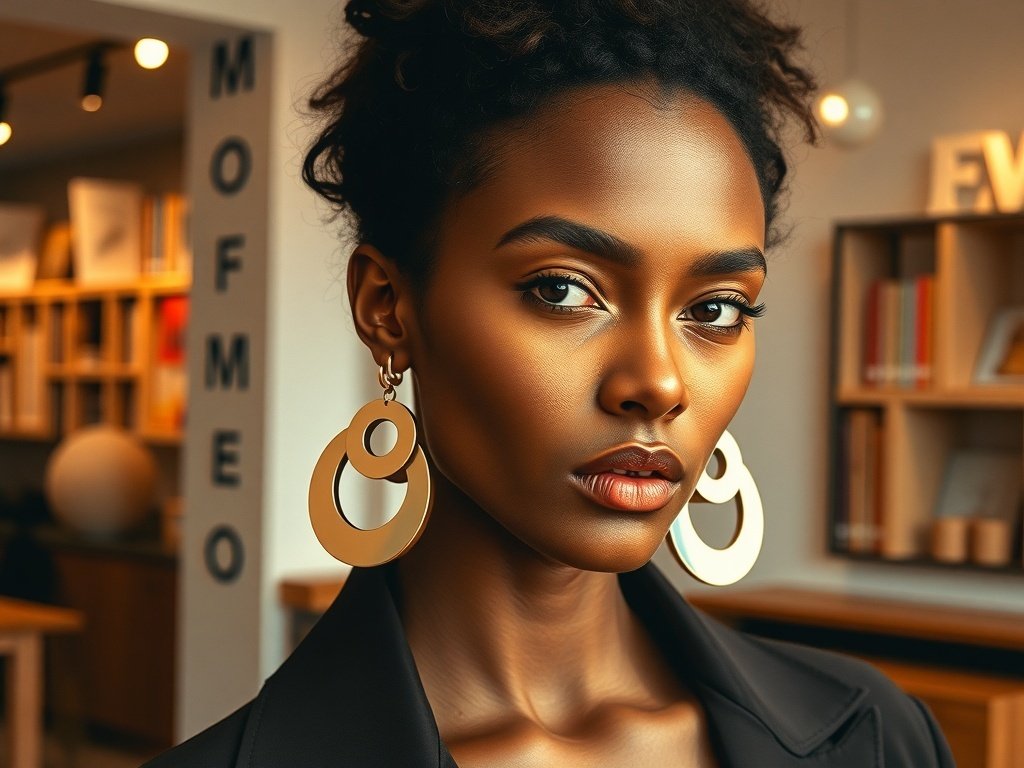 Bold face and figure-inspired earrings worn by a model, showcasing a unique design.