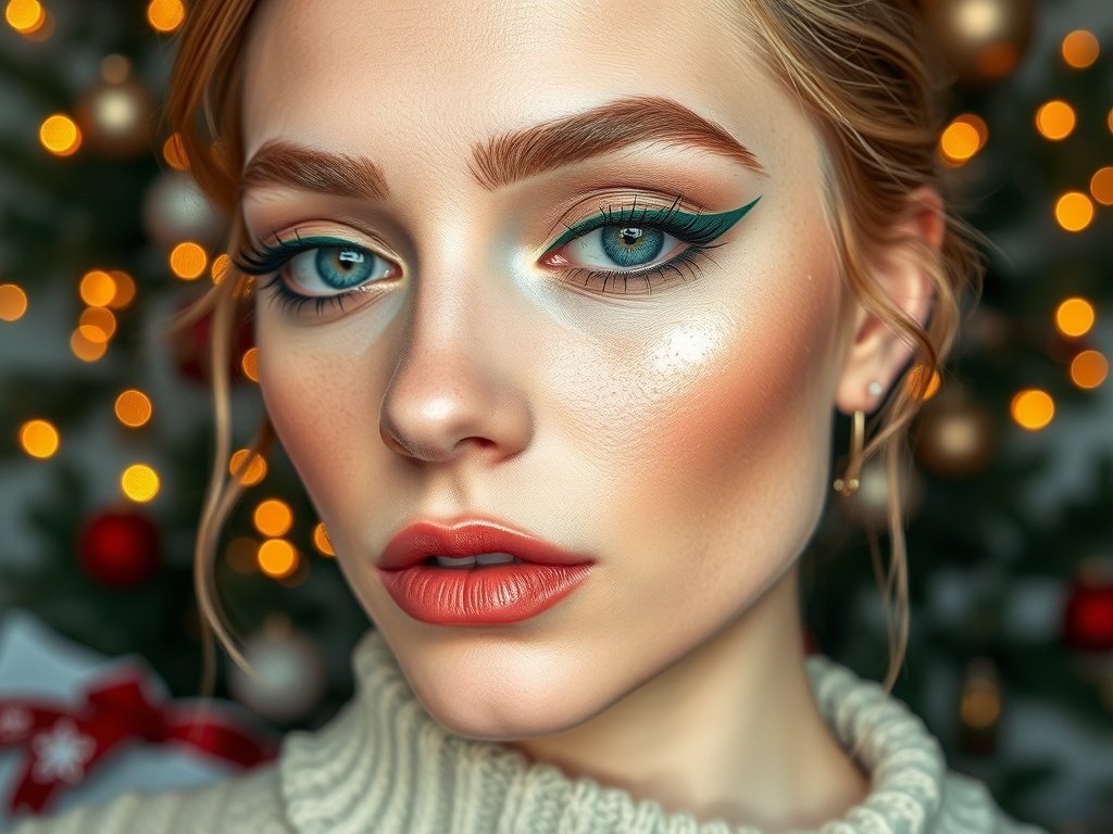 A close-up of a woman with emerald green eyeliner and soft champagne eyelids, glowing skin, and peach lips, set against a festive background with Christmas lights.