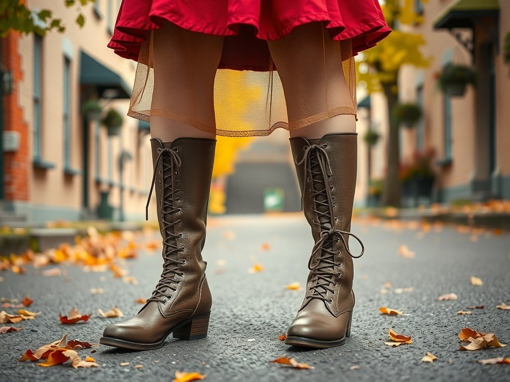 A close-up of lace-up Victorian-style boots worn with a red skirt, surrounded by autumn leaves on a street.