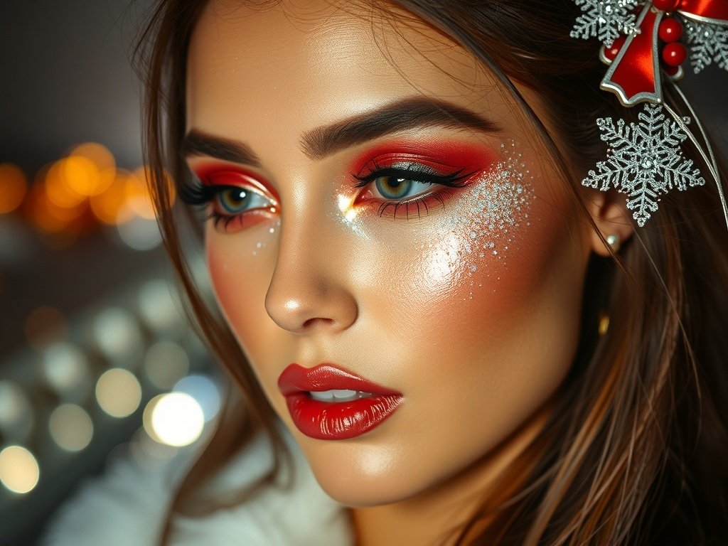 A close-up of a model showcasing chrome eyeshadow and dewy highlight for a festive makeup look.