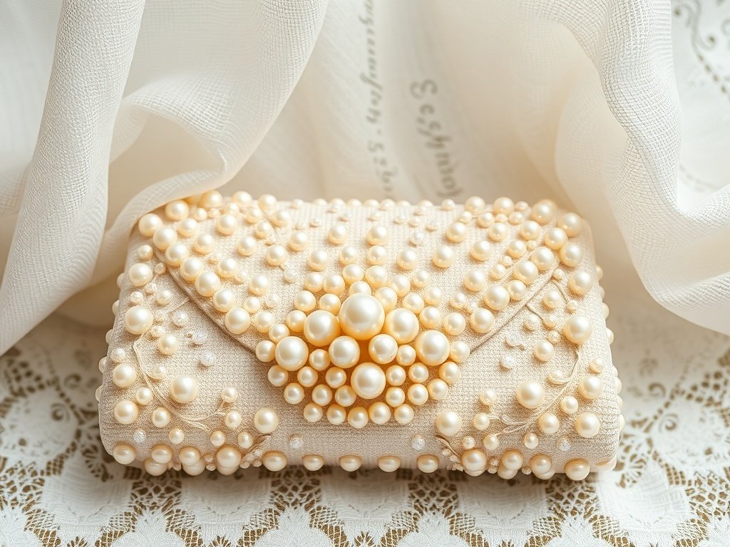 A classic pearl-encrusted clutch purse on a lace background with soft tulle.