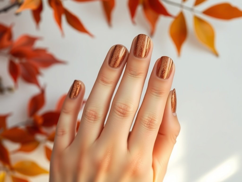 A close-up of a hand showcasing glittery copper nail finishes against a backdrop of autumn leaves.
