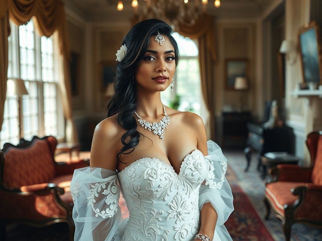 Bride wearing an off-the-shoulder wedding dress with lace detailing, standing in an elegant bridal salon.