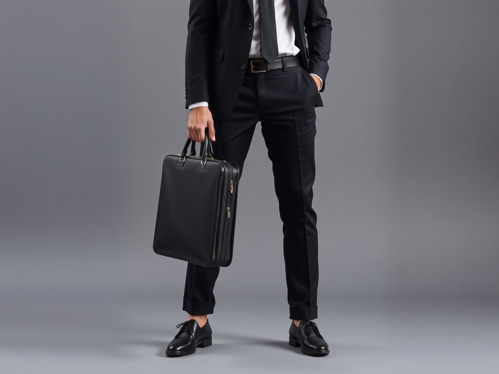 A professional man in a black suit with a white shirt and tie, holding a black briefcase and wearing polished shoes.