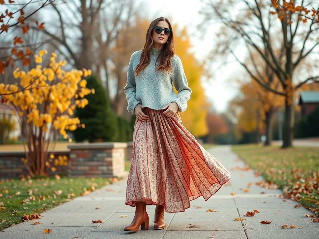 Fashion model in a lightweight sweater and maxi skirt against an autumn background.