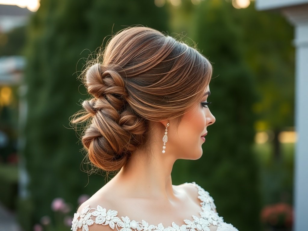 A bride with a classic chignon updo hairstyle, featuring soft waves and elegant earrings, set in a romantic outdoor setting.
