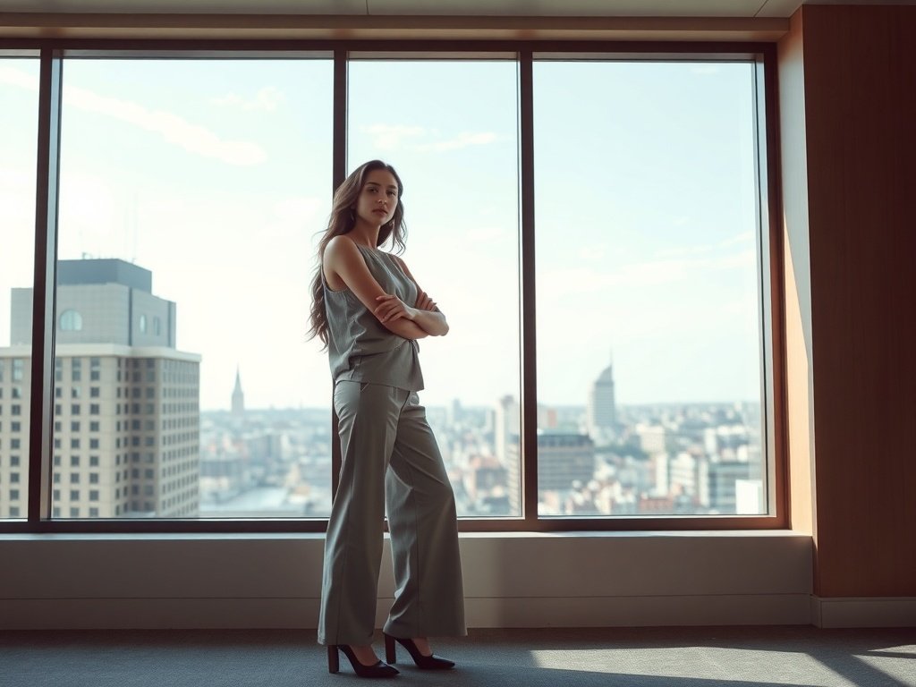 A woman in tailored culottes and a fitted top standing confidently by a large window with a city view.