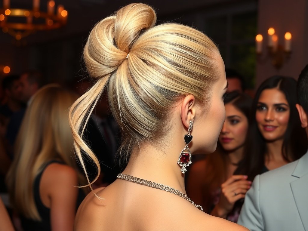 A woman with a sleek high ponytail and a wraparound strand, wearing elegant earrings at a party.