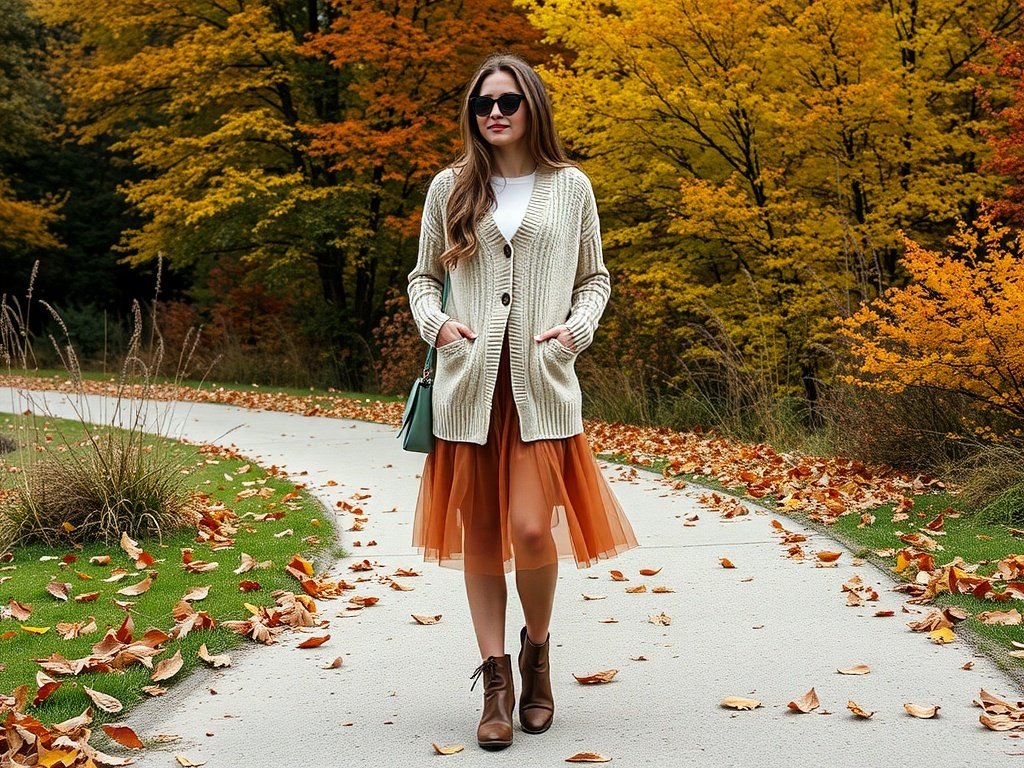 A model wearing a cardigan and tulle skirt in an autumn setting