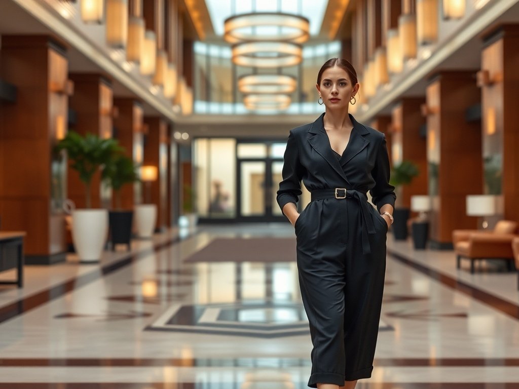 A woman wearing a stylish black jumpsuit with a belted waist, walking confidently in a modern corporate lobby.